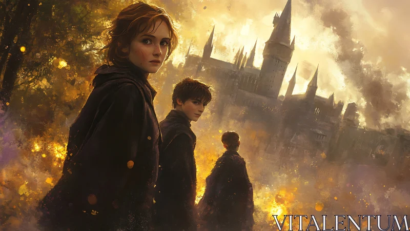 Triadic cloaked figures before burning neo-gothic citadel.