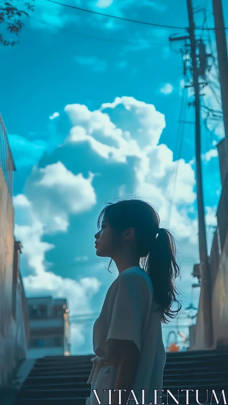 Soft city stairway moment where daydreams meet the sky