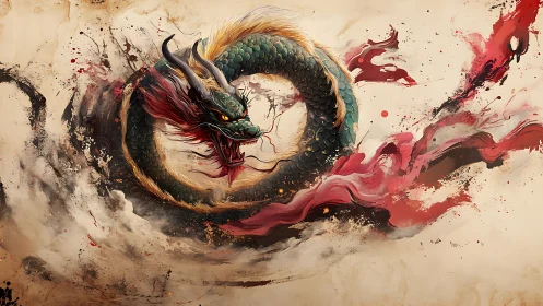 Mythic oriental dragon swirling through crimson storm.