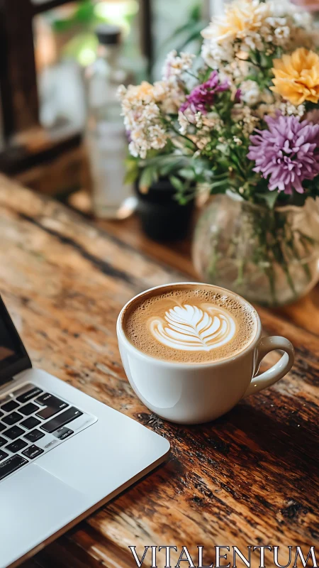 Latte art and laptop on rustic café workspace tabletop.