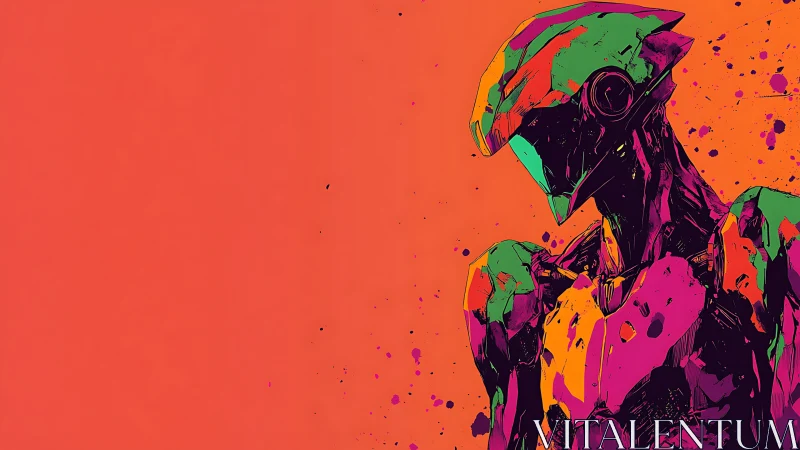 Neon-splashed robot guardian paused in quiet reflection.