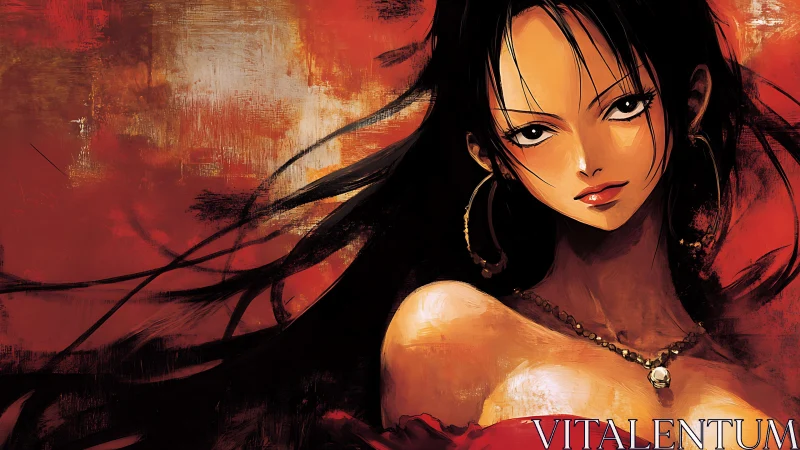 Scarlet-gazed enchantress burns through a storm of brushstrokes.