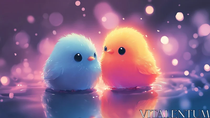 Glowing pastel chicks share a dreamy moment in water.