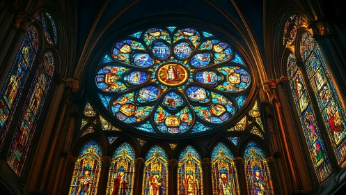 Gothic cathedral rose window glows above radiant stained glass