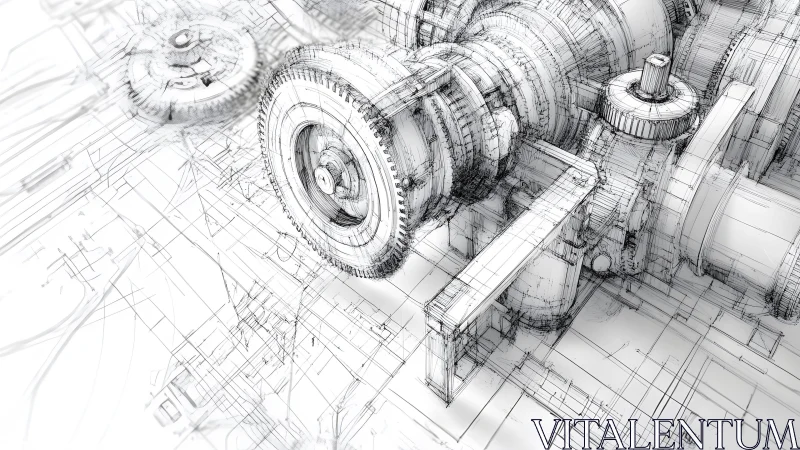 Detailed technical sketch of mechanical gears in engineering style.