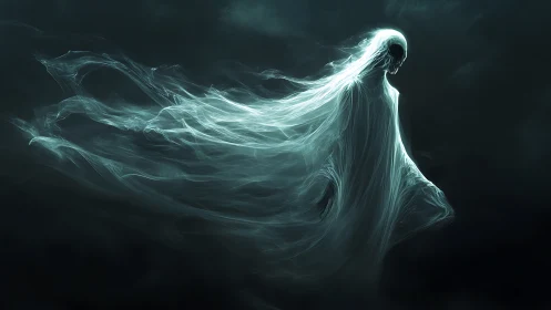 Ghostly spectral figure with flowing ethereal white trails.