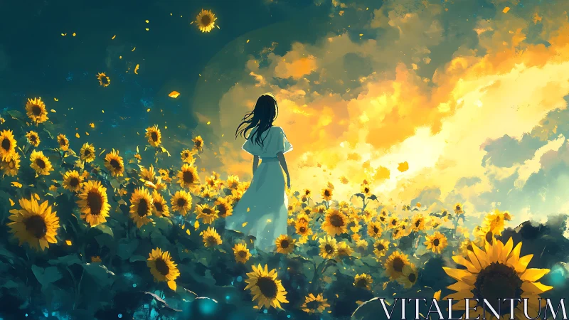 Figure stands in dense sunflower field under luminous sky