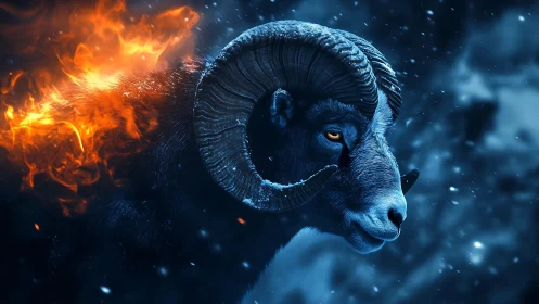 Fiery horned ram against icy blue night background.
