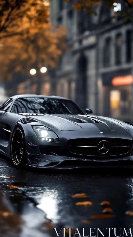 Sleek sports car on wet city street at dusk.