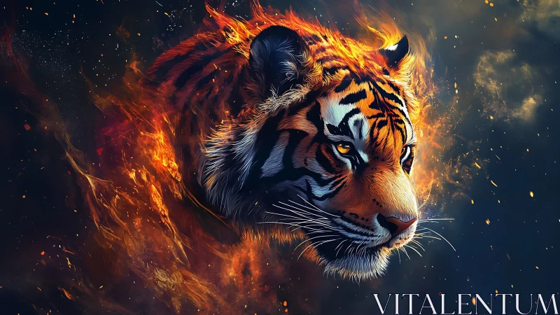 Fiery tiger portrait merges molten embers and darkness.