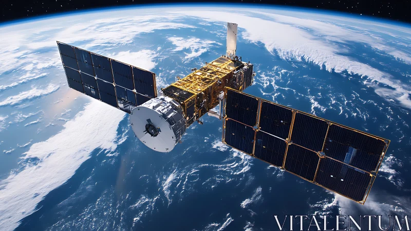 Solar-winged satellite gliding above swirling blue Earth.