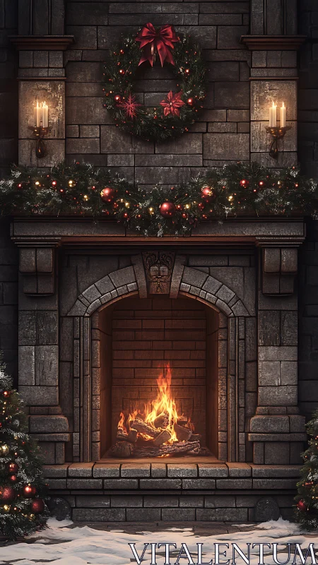Stone fireplace with wreath and Christmas garlands.