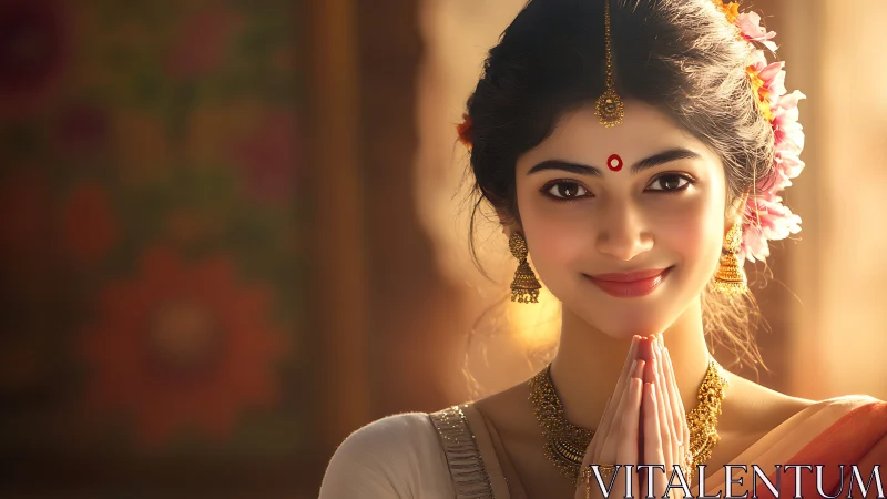 Traditional Indian Woman Greeting with Namaste in Warm Light Portrait.