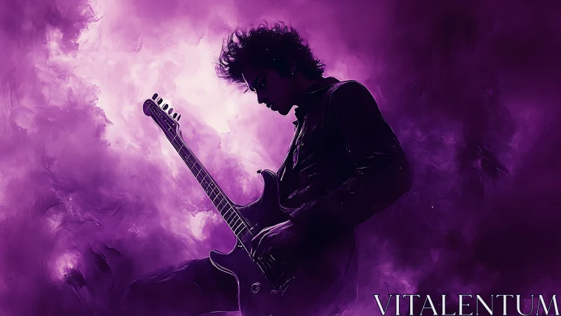 Digital painting silhouette of guitarist in violet atmospheric haze.