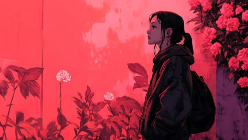 Solitary stroll beside neon roses in evening stillness.