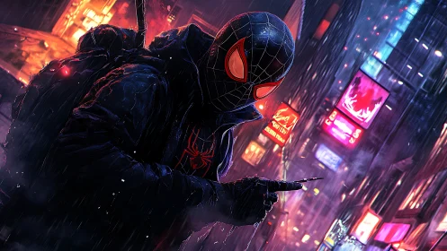 Neon-soaked web runner slices through the rainy night city