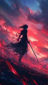 Digital painting of lone swordsman in incendiary skyscape.