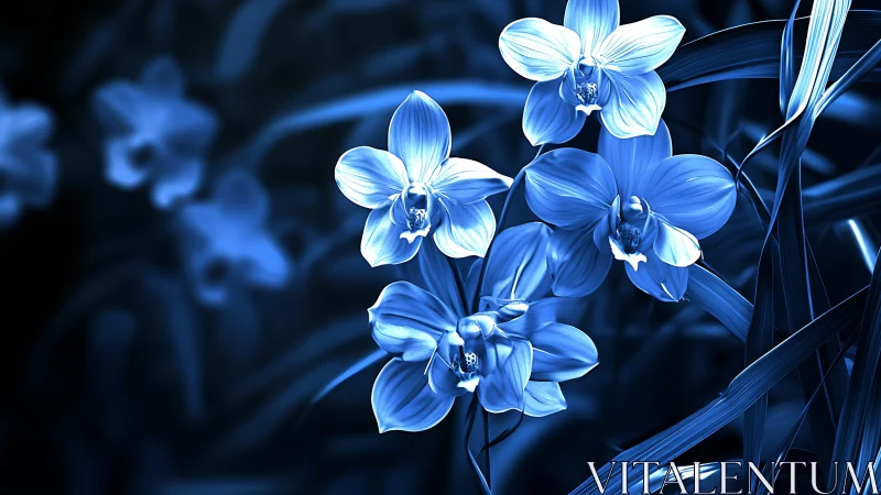 Bioluminescent blue orchids rendered in high-contrast digital realism