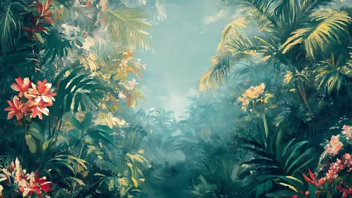 Tropical Garden Canopy with Red Flowers and Palm Trees