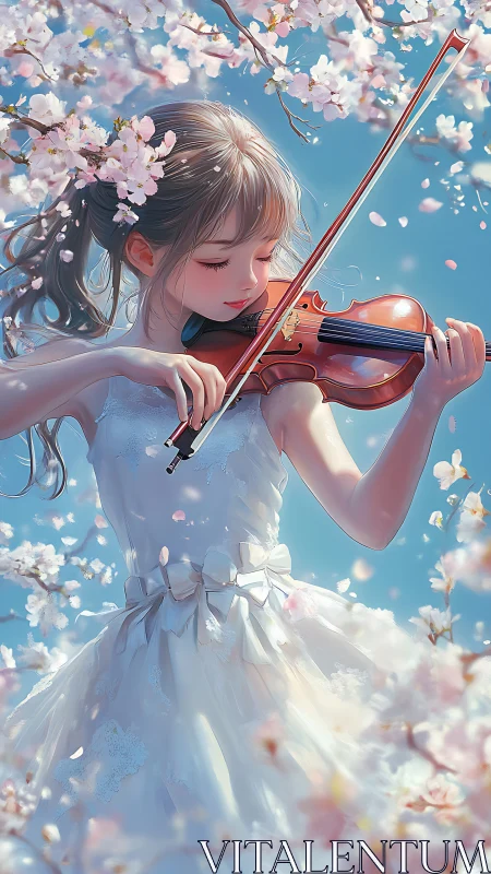 Girl in white dress plays violin among blooming branches