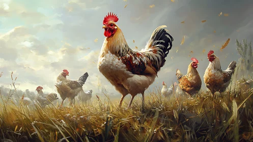 Rooster's Golden Symphony Across Harvest Fields.