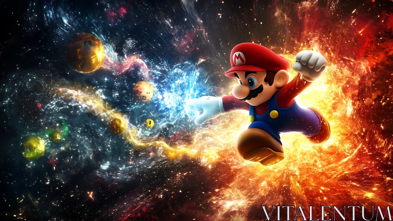 Mario character rendered leaping through glowing cosmic nebula