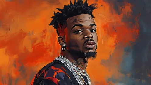 Portrait of man in jewelry against bold orange background.