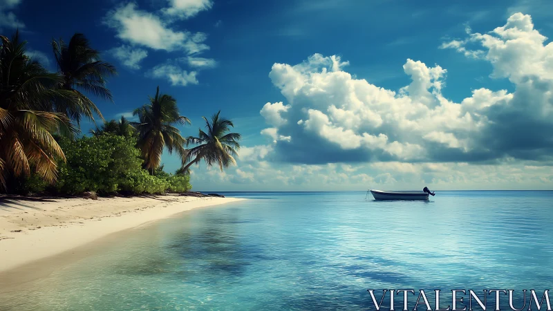 Tropical beach with moored fishing vessel displaying calm aquamarine waters