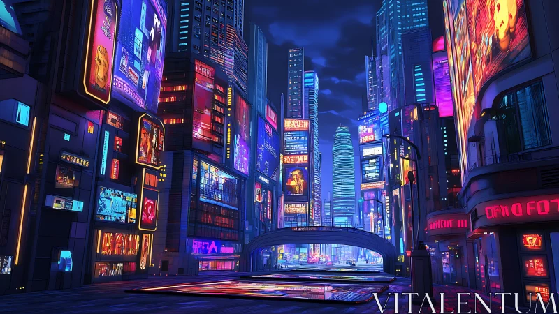 Neon drenched megacity boulevard under electric night sky.