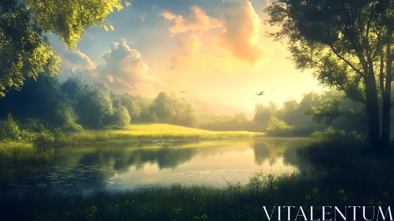 Sunlit forest lake with calm water and glowing evening sky.