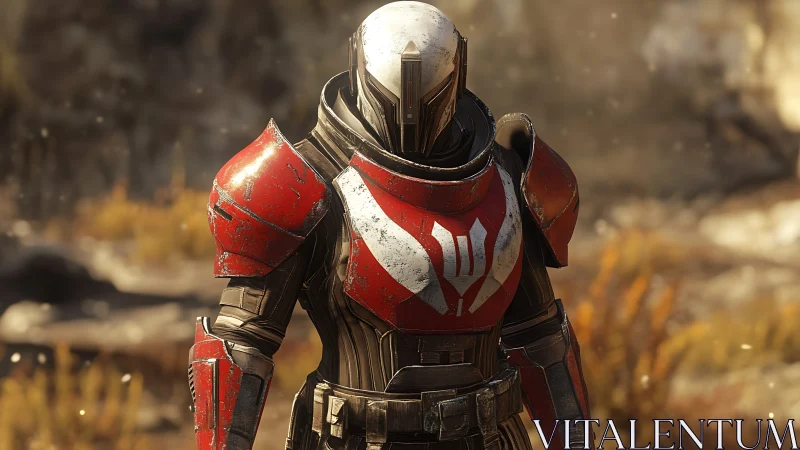 Armored sci fi warrior stands in sunlit rocky landscape