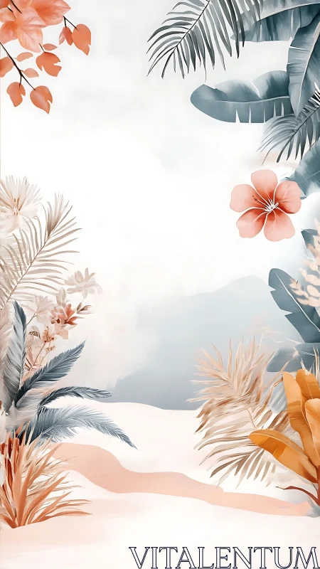 Soft coral oasis under pastel palms and whispering skies.