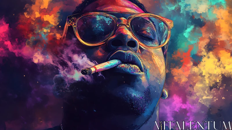 Vivid digital portrait of smoker in neon cloud haze.
