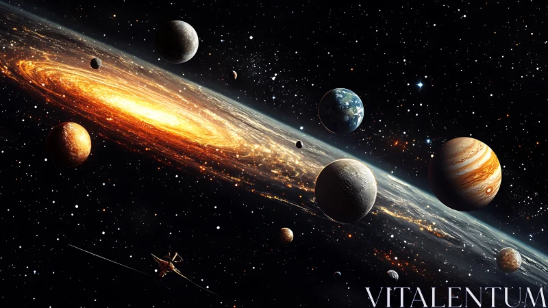 Digital space scene depicts planets surrounding bright galaxy