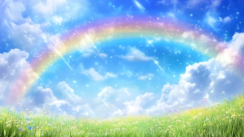 Luminous rainbow arcs above sunlit meadow under vivid sky