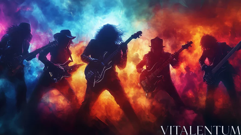 Electric neon rock band bathing in swirling color clouds.