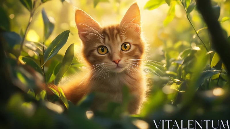Orange tabby kitten amid backlit foliage.