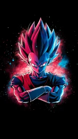 Bicolor energy warrior portrait with chromatic rim lighting.