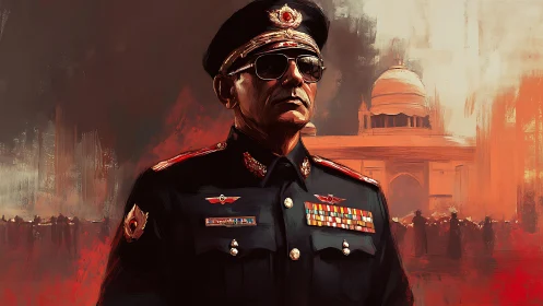 Imposing general in dress uniform before domed palace.