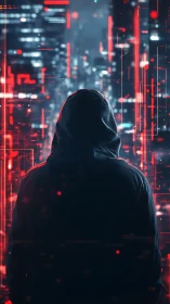 Hooded wanderer in neon code city, quietly watching.