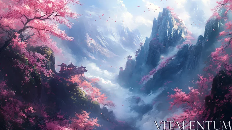 Mountain landscape shows pagodas amid dense cherry blossoms