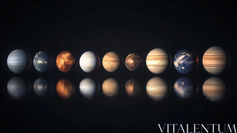 Row of reflective fantasy planets aligns above dark water