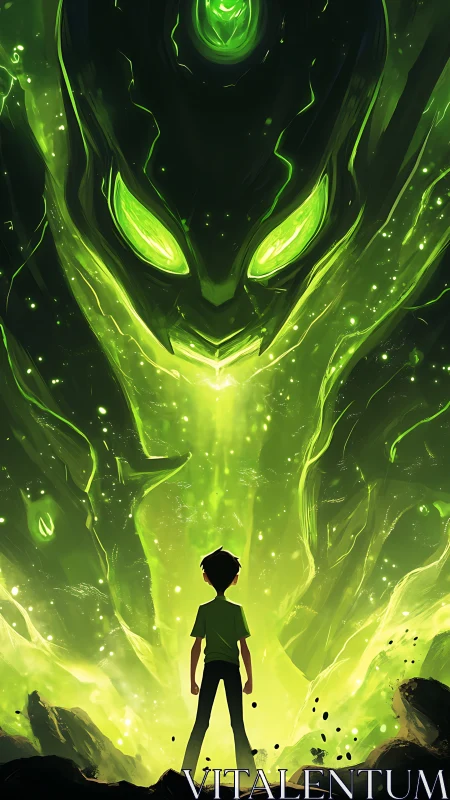 Green cosmic guardian and brave kid in glowing standoff.
