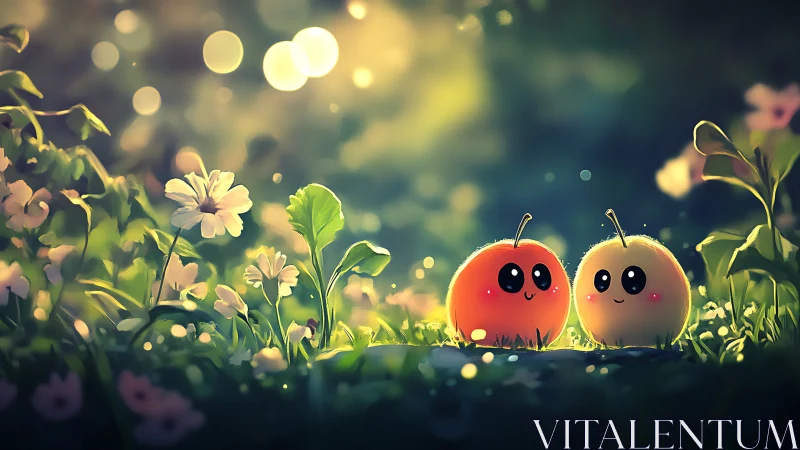 Two glowing berry friends trade secrets in the meadow light