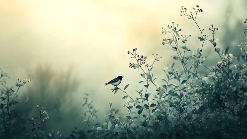Serene Songbird on Dewy Morning Branch in Dreamy Nature Scene.