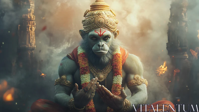 Simian humanoid deity figure sits centered in ornate regalia