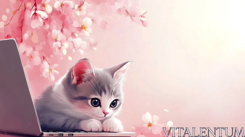 Kitten at Laptop Surrounded by Pink Cherry Blossoms