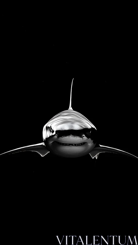 Great white shark front view in stark black background.