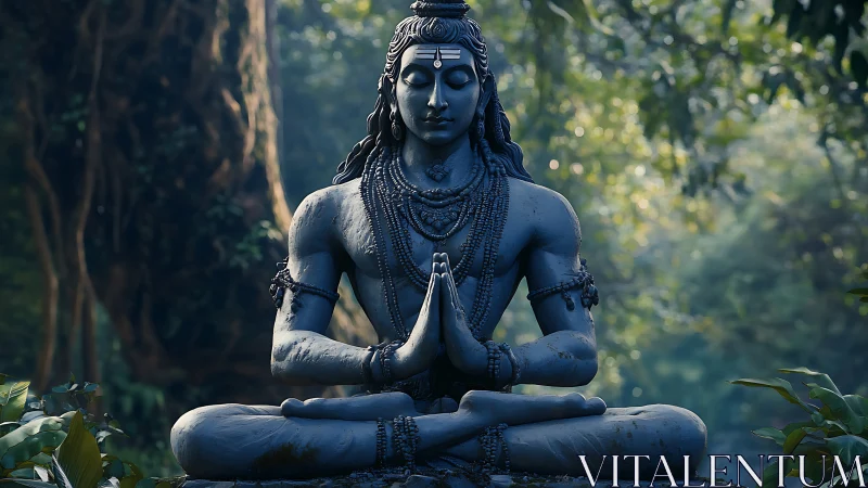 Stone Shiva statue in meditative posture within forest setting.