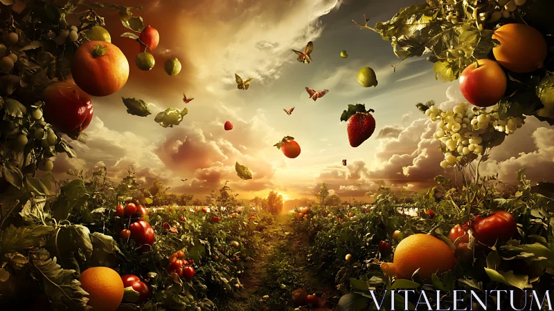 Floating fruit and vegetable field under dramatic sunset sky